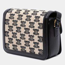 Pre Owned Celine Beige Teen Embroidered Canvas and Calfskin Triomphe Crossbody