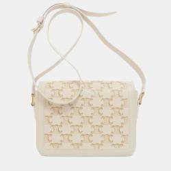 Pre Owned Celine Teen Triomphe White Calfskin/Coated Canvas Shoulder Bag
