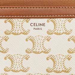 Pre Owned Celine Brown White Triomphe Coated Canvas Clutch On Chain