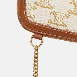 Pre Owned Celine Brown White Triomphe Coated Canvas Clutch On Chain