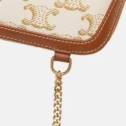 Pre Owned Celine Brown White Triomphe Coated Canvas Clutch On Chain