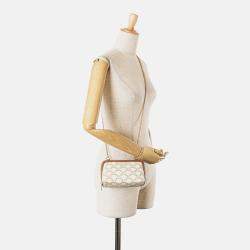 Pre Owned Celine Brown White Triomphe Coated Canvas Clutch On Chain