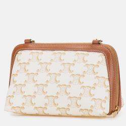 Pre Owned Celine Brown White Triomphe Coated Canvas Clutch On Chain