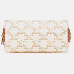 Pre Owned Celine Brown White Triomphe Coated Canvas Clutch On Chain
