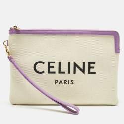 Pre Owned Celine Beige/Lilac Canvas and Leather Logo Wristlet Clutch