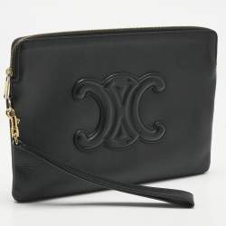 Pre Owned Celine Black Leather Triomphe Wristlet Clutch