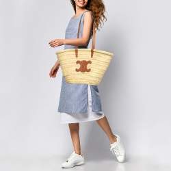 Pre Owned Celine Tan/Natural Palm Leaves Large Triomphe Classic Panier Tote