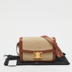 Pre Owned Celine Beige/Tan Canvas and Leather Triomphe Shoulder Bag