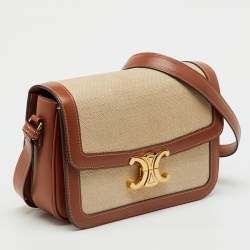 Pre Owned Celine Beige/Tan Canvas and Leather Triomphe Shoulder Bag