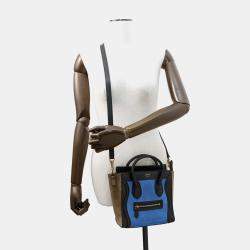 Pre Owned Celine Luggage Shopper Nano Blue Beige Black Suede Leather Handbag