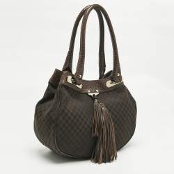 Pre Owned Celine Dark Brown Macadam Canvas and Croc Embossed Leather Shoulder Bag