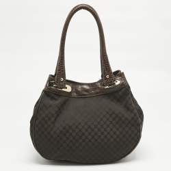 Pre Owned Celine Dark Brown Macadam Canvas and Croc Embossed Leather Shoulder Bag