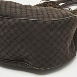 Pre Owned Celine Dark Brown Macadam Canvas and Croc Embossed Leather Shoulder Bag