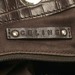 Pre Owned Celine Dark Brown Macadam Canvas and Croc Embossed Leather Shoulder Bag