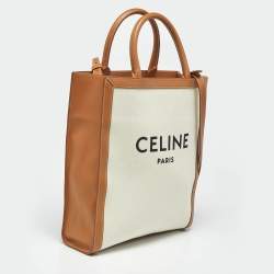 Pre Owned Celine Tan/Natural Canvas and Leather Small Vertical Cabas Tote