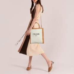Pre Owned Celine Tan/Natural Canvas and Leather Small Vertical Cabas Tote