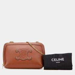Pre Owned Celine Brown Smooth Calfskin Cuir Triomphe Clutch on Chain