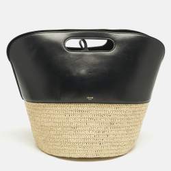 Pre Owned Celine Black/Cream Leather and Raffia Basket Bag