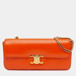 Pre Owned Celine Orange Smooth Calfskin Triomphe Chain Shoulder Bag