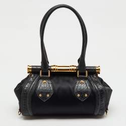 Pre Owned Celine Black Croc Embossed Leather and Satin Vintage Triomphe Clasp Bag