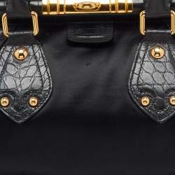 Pre Owned Celine Black Croc Embossed Leather and Satin Vintage Triomphe Clasp Bag