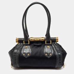 Pre Owned Celine Black Croc Embossed Leather and Satin Vintage Triomphe Clasp Bag
