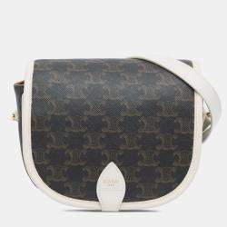 Pre Owned Celine Brown White Medium Triomphe Coated Canvas Folco Crossbody