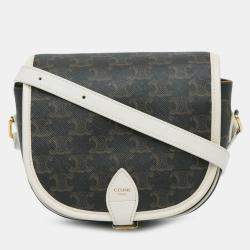 Pre Owned Celine Brown White Medium Triomphe Coated Canvas Folco Crossbody