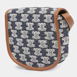 Pre Owned Celine Brown Navy Blue Mini Triomphe Canvas and Calfskin Besace Crossbody