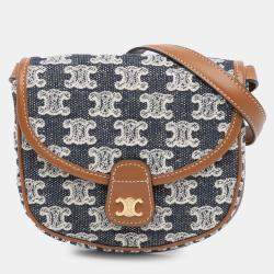 Pre Owned Celine Brown Navy Blue Mini Triomphe Canvas and Calfskin Besace Crossbody
