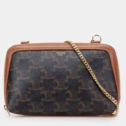 Pre Owned Celine Brown Triomphe Coated Canvas Clutch On Chain