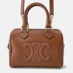 Pre Owned Celine Triomphe Boston Tan Leather Small 2-Way Handbag