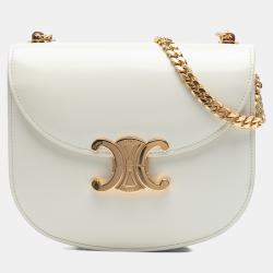 Pre Owned Celine White Teen Shiny Calfskin Triomphe Besace Clea Chain Crossbody