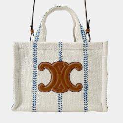 Pre Owned Celine White Small Wool Cuir Triomphe Stripe Cabas Thais Satchel