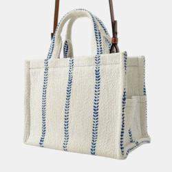 Pre Owned Celine White Small Wool Cuir Triomphe Stripe Cabas Thais Satchel