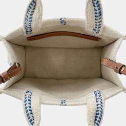 Pre Owned Celine White Small Wool Cuir Triomphe Stripe Cabas Thais Satchel