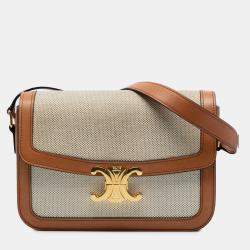 Pre Owned Celine Beige Brown Classique Canvas and Calfskin Triomphe Crossbody