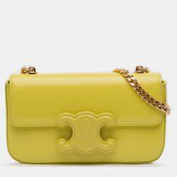 Pre Owned Celine Yellow Calfskin Cuir Triomphe Chain Shoulder Bag