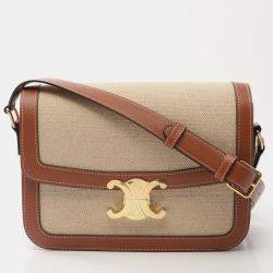 Pre Owned Celine Classic Triomphe Shoulder Bag Canvas Leather Beige Brown