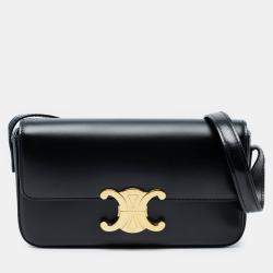Pre Owned Celine Black Shiny Calfskin Triomphe Claude Shoulder Bag