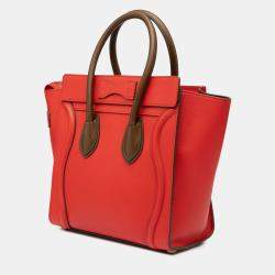 Pre Owned Celine Brown Red Micro Bicolor Calfskin Luggage Tote