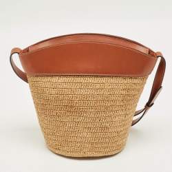 Pre Owned Celine Brown/Cream Raffia and Leather Crecy Bucket Bag