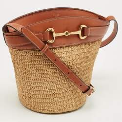Pre Owned Celine Brown/Cream Raffia and Leather Crecy Bucket Bag