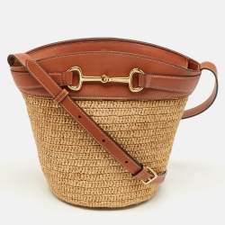 Pre Owned Celine Brown/Cream Raffia and Leather Crecy Bucket Bag
