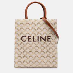 Pre Owned Celine Cream Small Triomphe Coated Canvas Vertical Cabas Satchel
