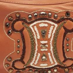 Pre Owned Celine Triomphe Crystals Orange Leather Shoulder Bag