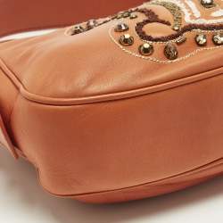 Pre Owned Celine Triomphe Crystals Orange Leather Shoulder Bag