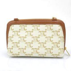 Pre Owned Celine Shoulder Bag Pouch Triomphe Leather Off-White Brown Gold