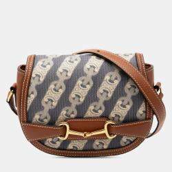 Pre Owned Celine Blue Brown Small Maillon Triomphe Jacquard and Calfskin Crecy Crossbody