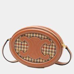 Pre Owned Celine Brown Small Houndstooth Canvas and Calfskin Cuir Triomphe Oval Crossbody